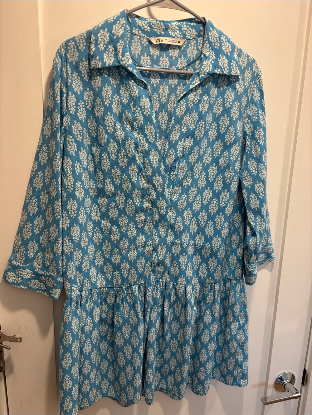 Zara Turquoise Blue Floral Button-Down Long Sleeve Dress